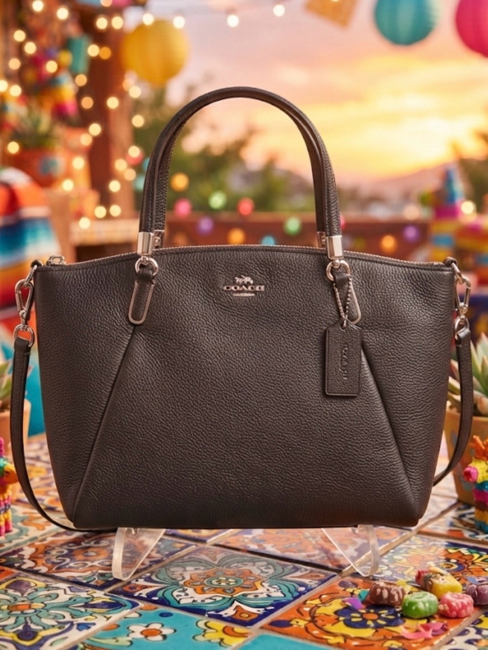 9”  x 13”. Coach brown Pebbled Leather Tote Bag with Removable Strap